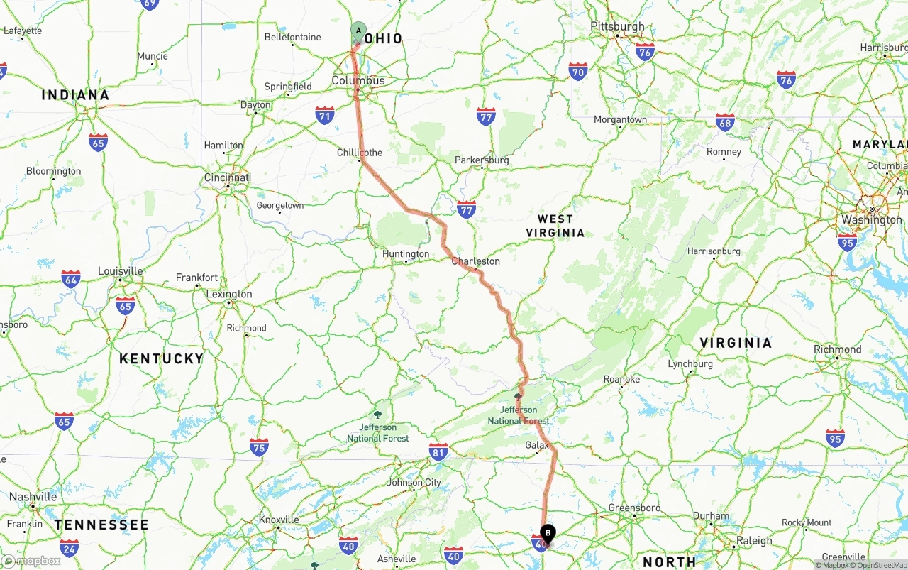 Shipping route from Ohio to North Carolina