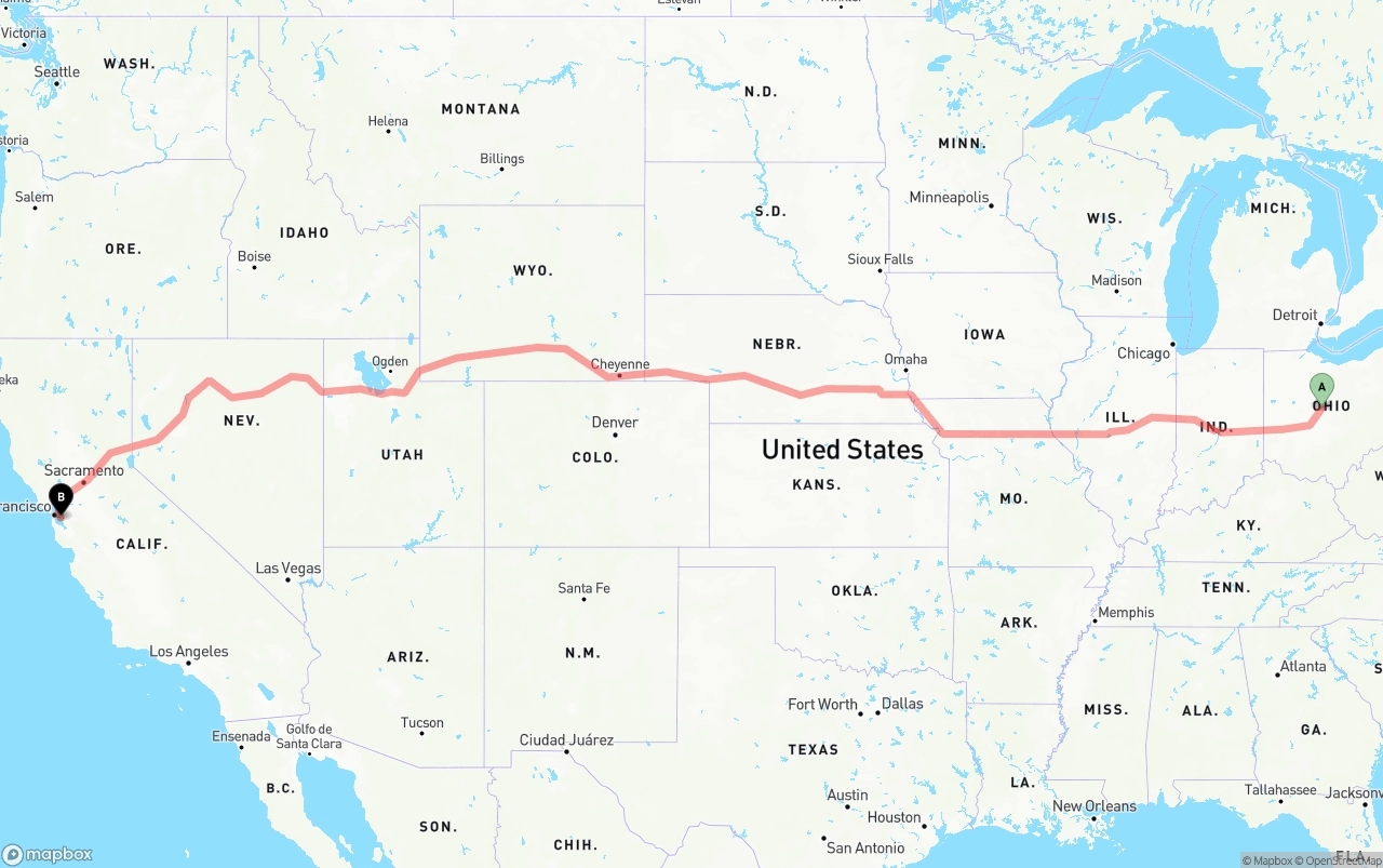 Shipping route from Ohio to Oakland International Airport
