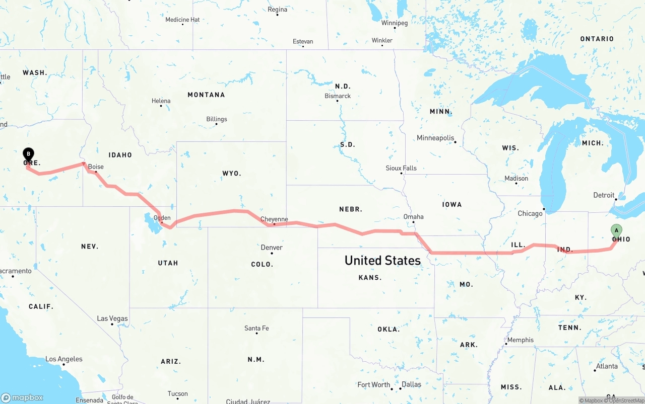 Shipping route from Ohio to Oregon