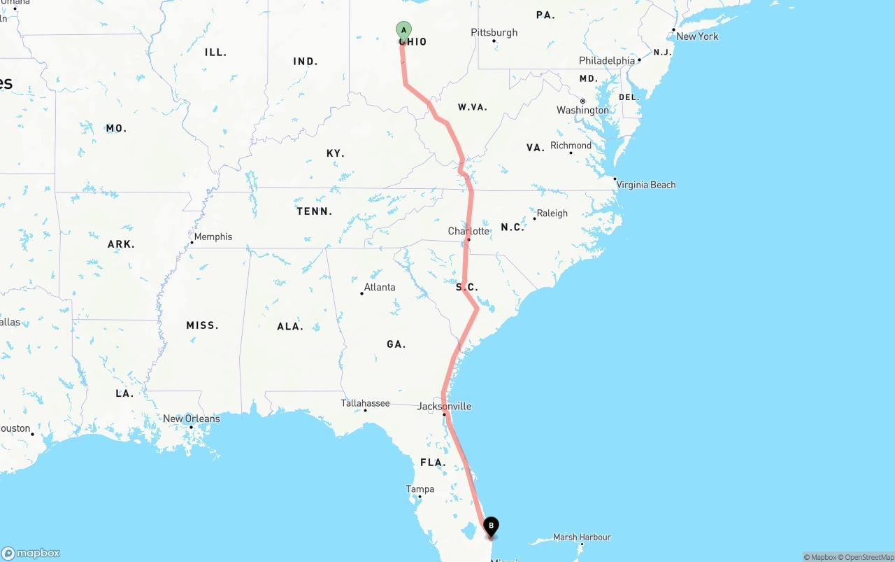 Shipping route from Ohio to Palm Beach International Airport