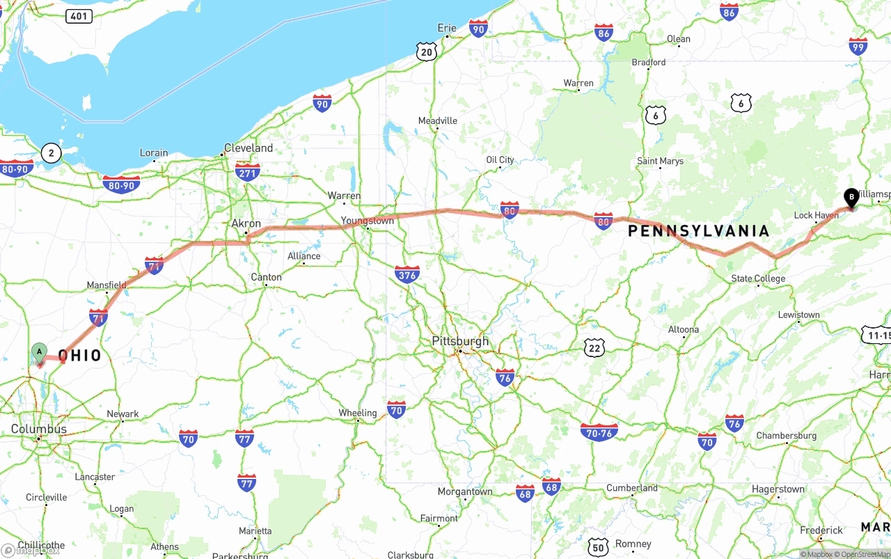 Shipping route from Ohio to Pennsylvania