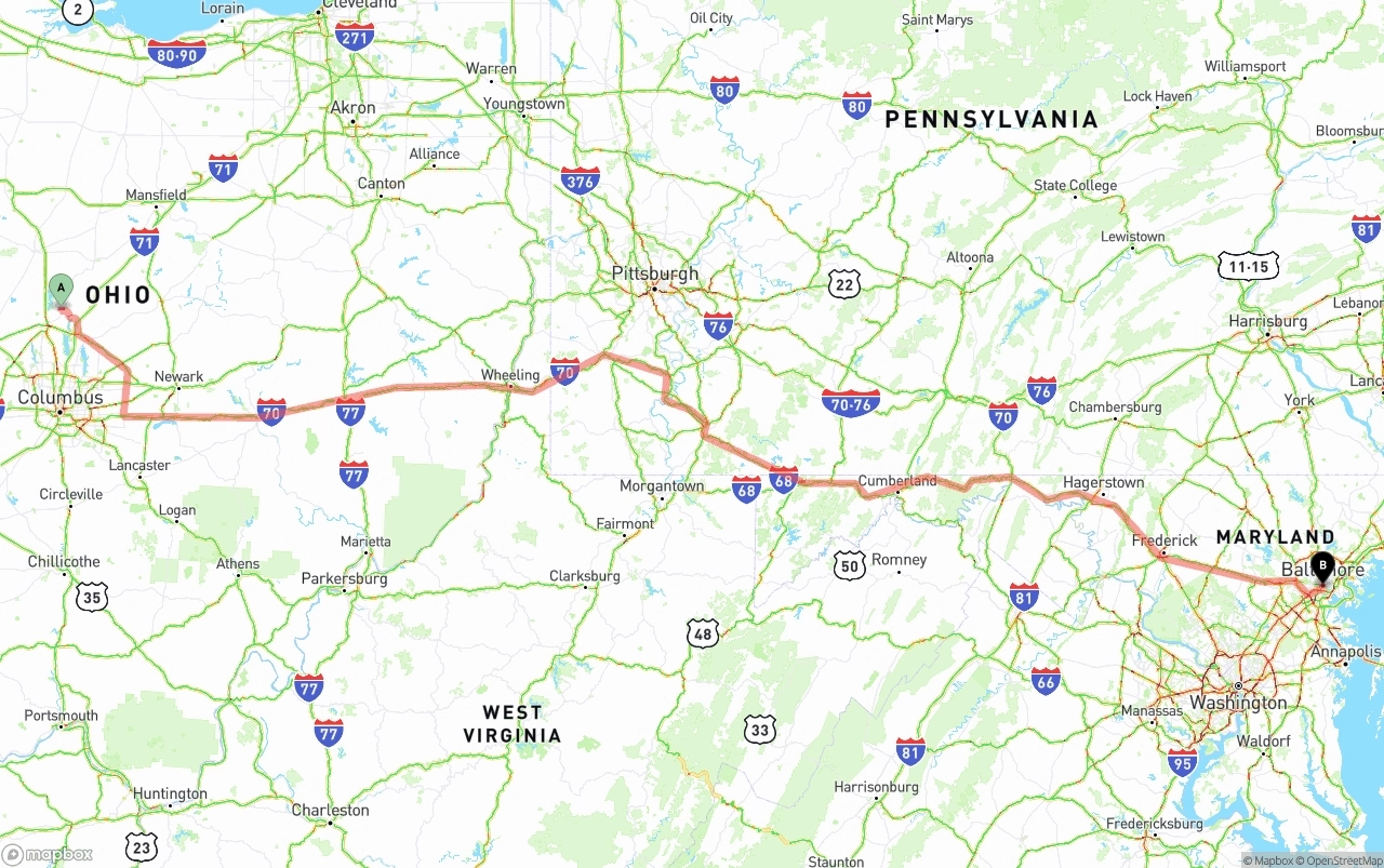 Shipping route from Ohio to Port of Baltimore