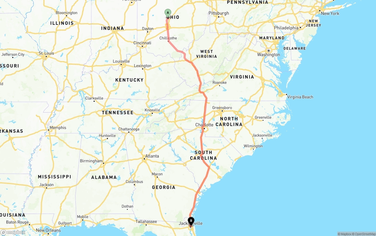 Shipping route from Ohio to Port of Jacksonville