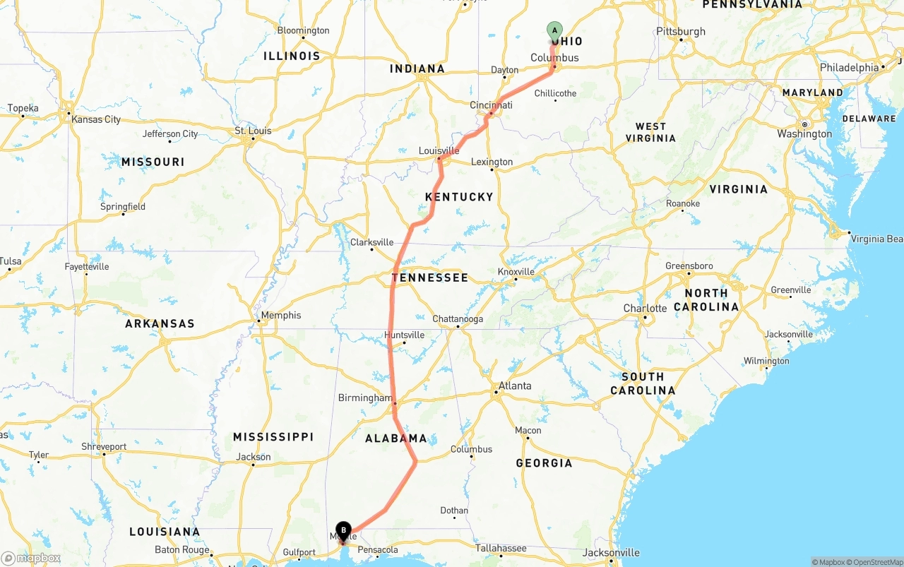 Shipping route from Ohio to Port of Mobile