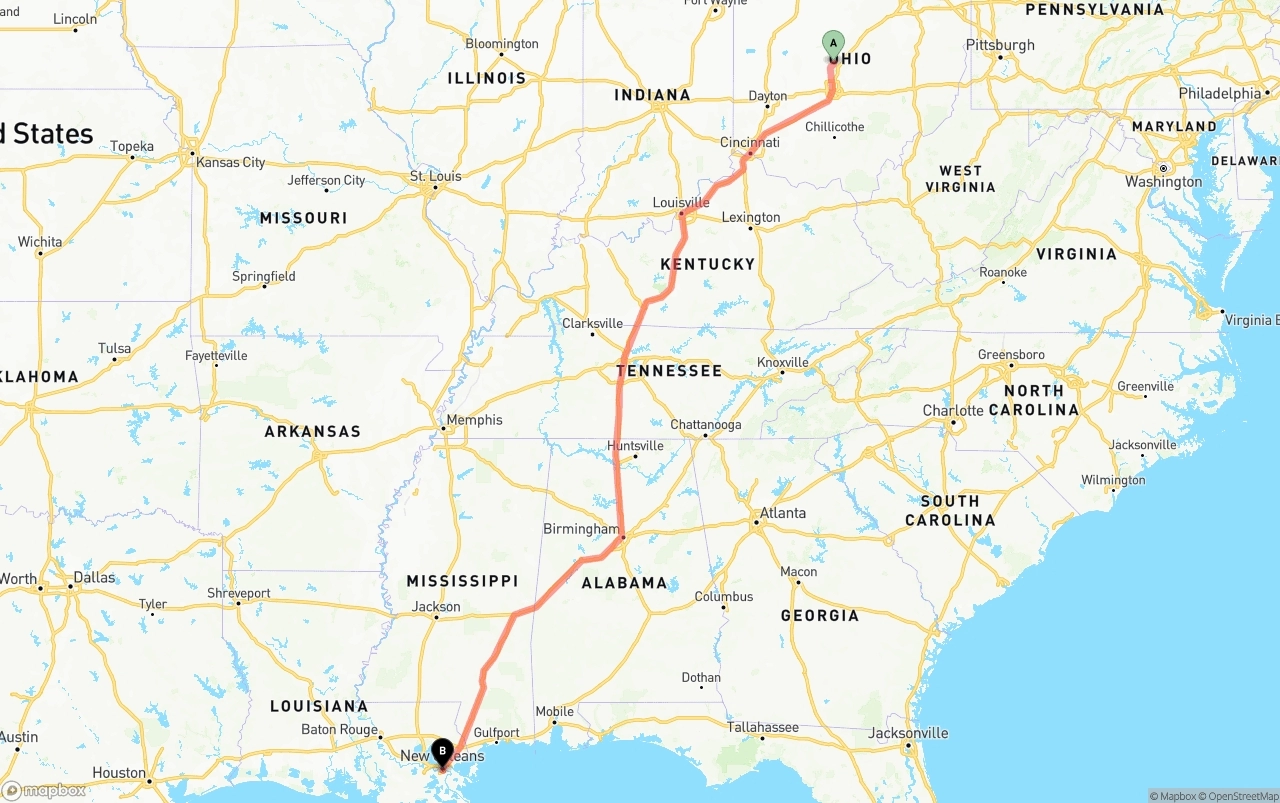 Shipping route from Ohio to Port of New Orleans