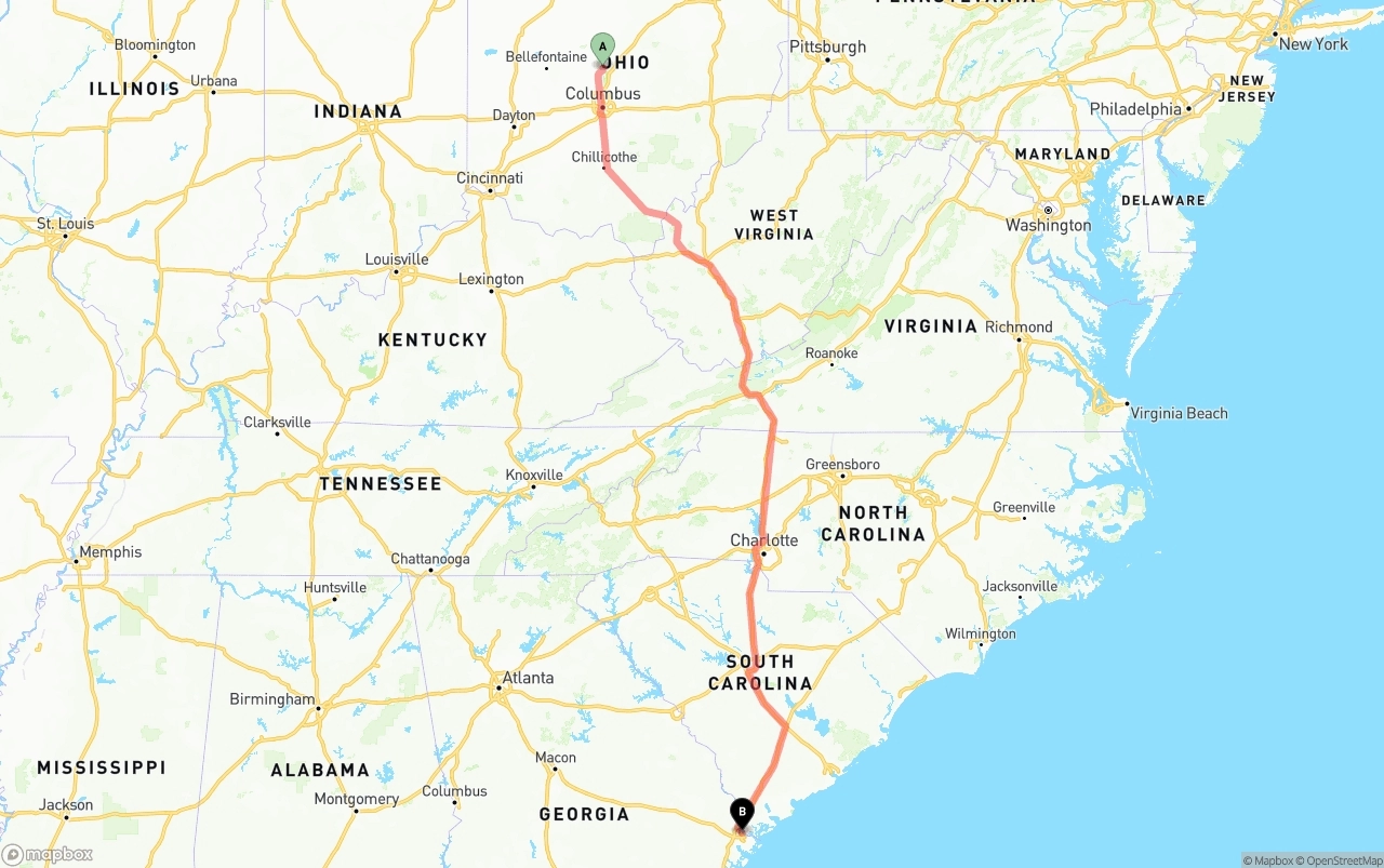 Shipping route from Ohio to Port of Savannah