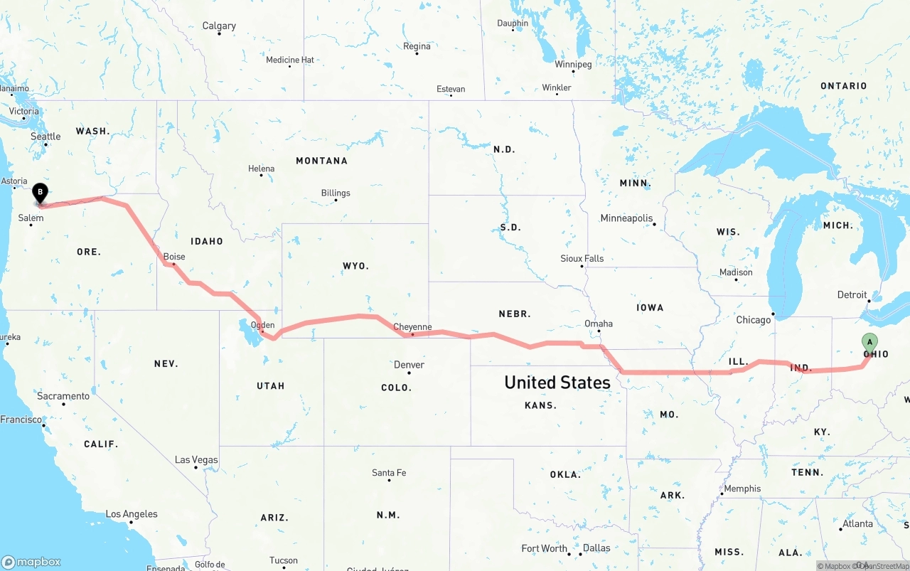 Shipping route from Ohio to Portland International Airport