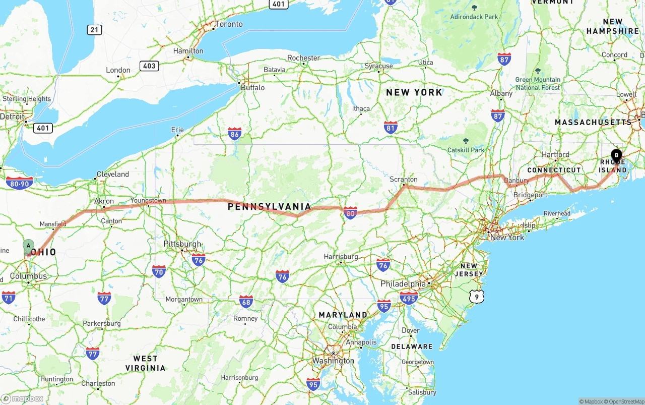 Shipping route from Ohio to Rhode Island