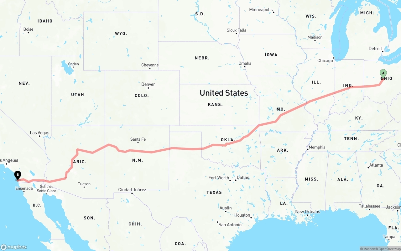 Shipping route from Ohio to San Diego International Airport