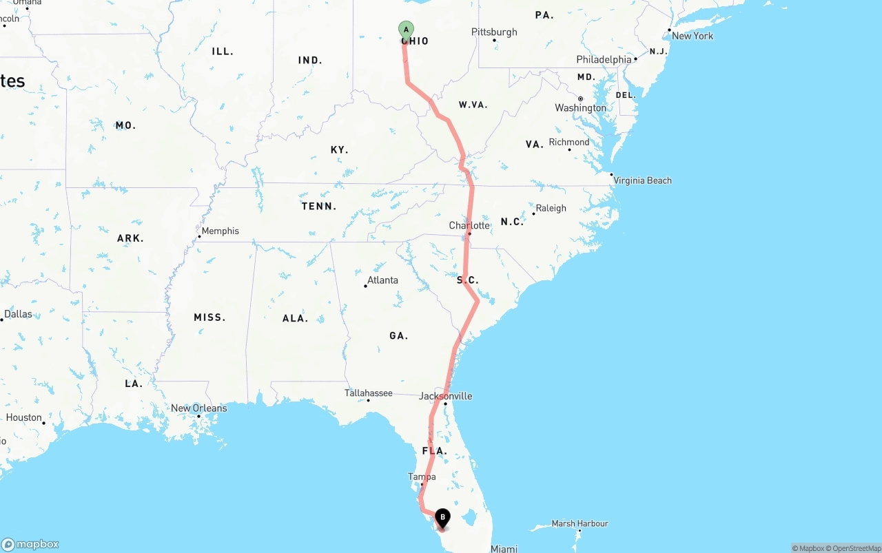 Shipping route from Ohio to Southwest Florida International Airport