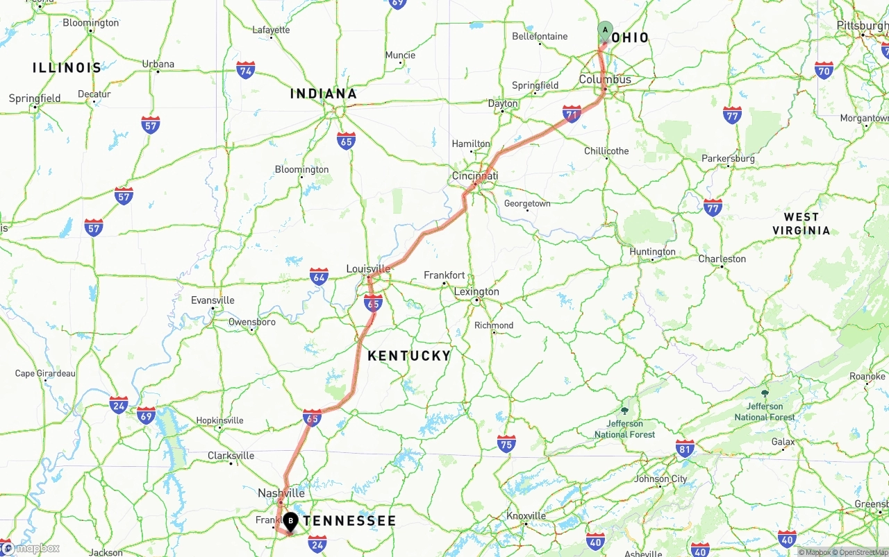 Shipping route from Ohio to Tennessee