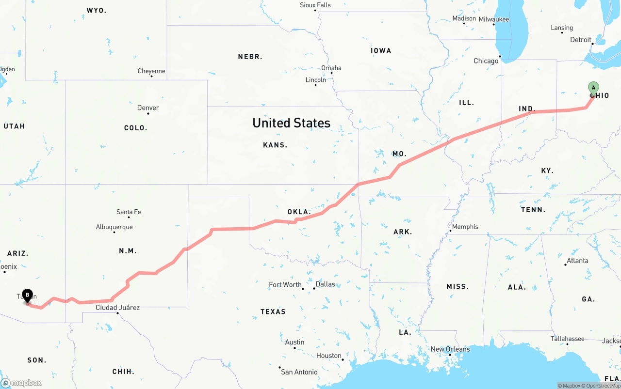Shipping route from Ohio to Tucson International Airport