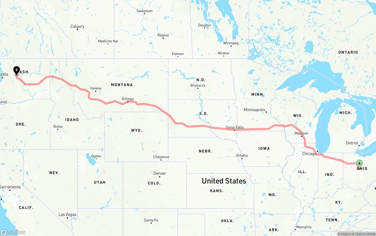 Shipping route from Ohio to Washington