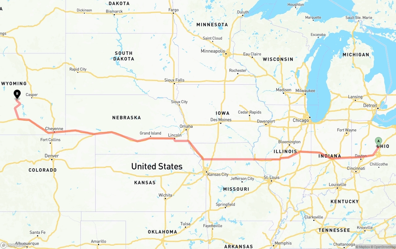 Shipping route from Ohio to Wyoming