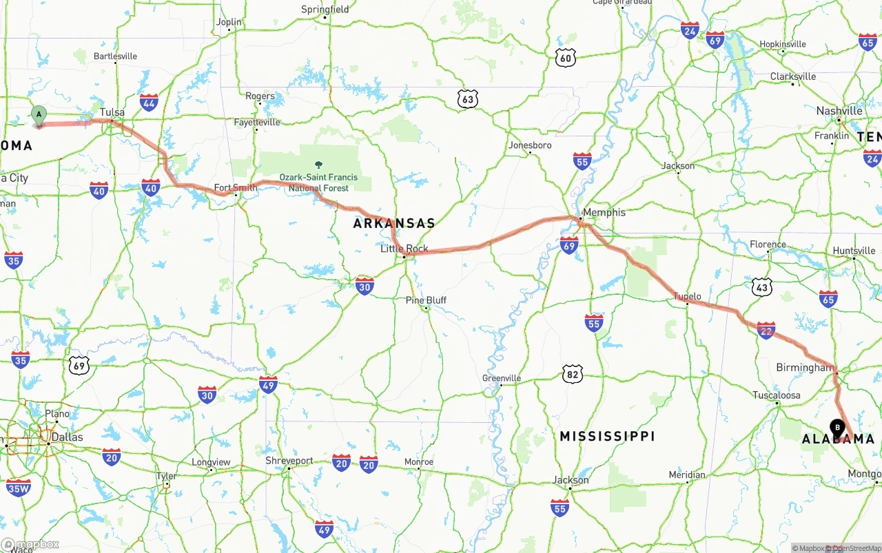 Shipping route from Oklahoma to Alabama
