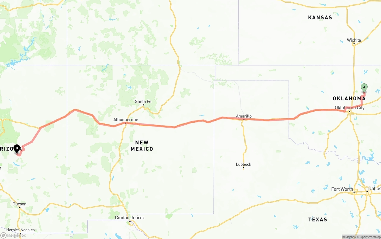 Shipping route from Oklahoma to Arizona