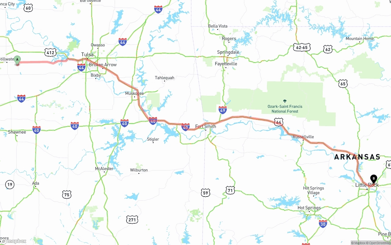 Shipping route from Oklahoma to Arkansas