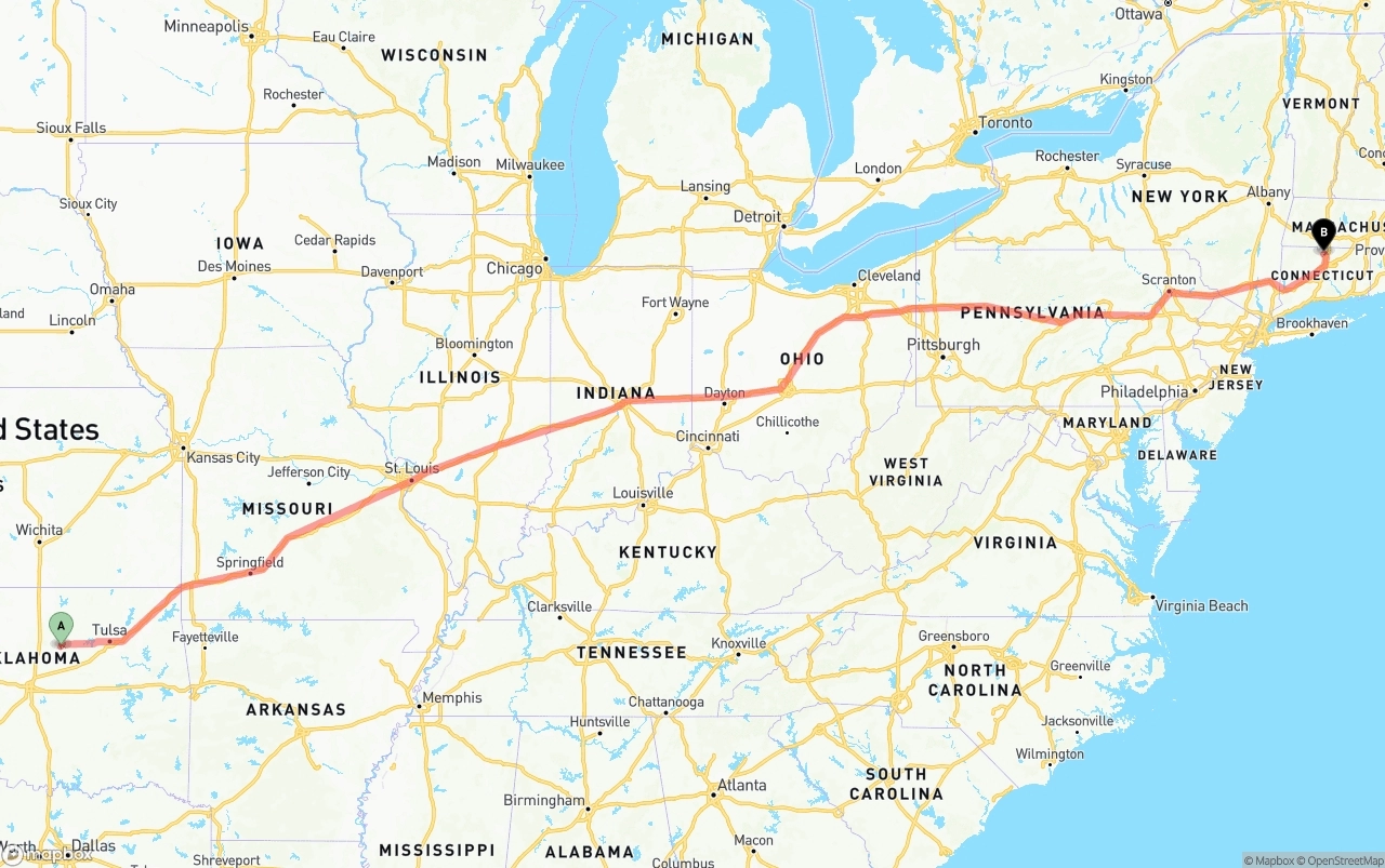 Shipping route from Oklahoma to Bradley International Airport