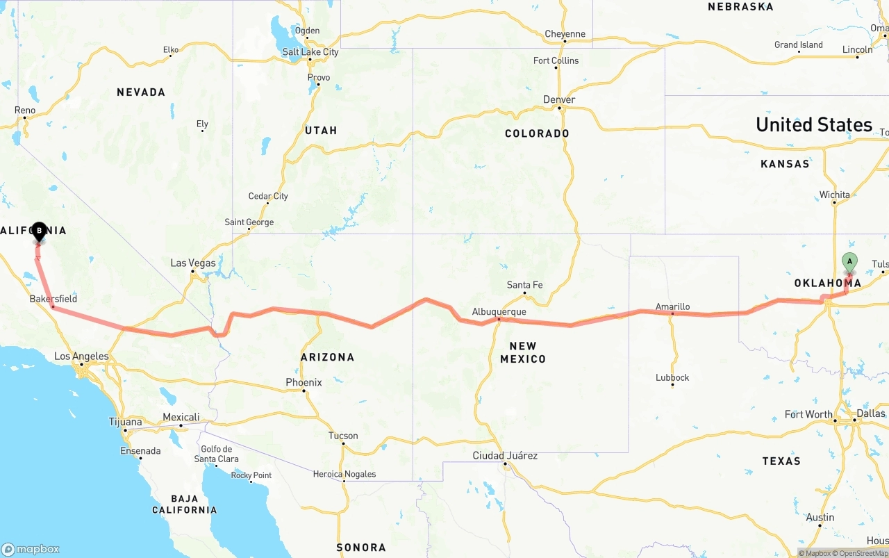 Shipping route from Oklahoma to California