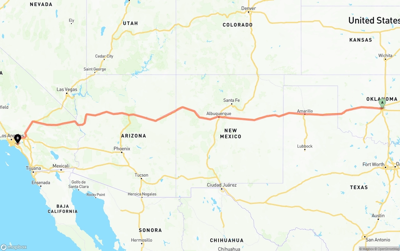 Shipping route from Oklahoma City to Anaheim