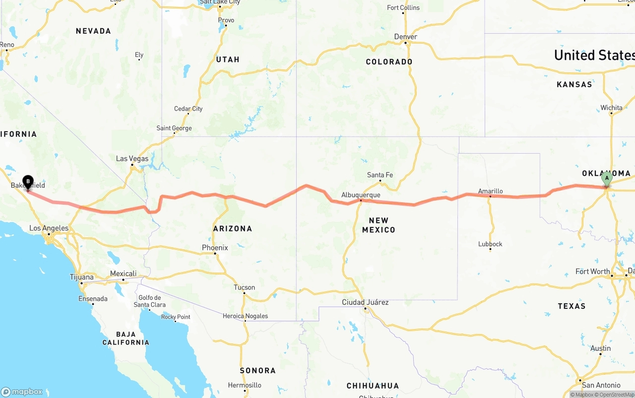 Shipping route from Oklahoma City to Bakersfield