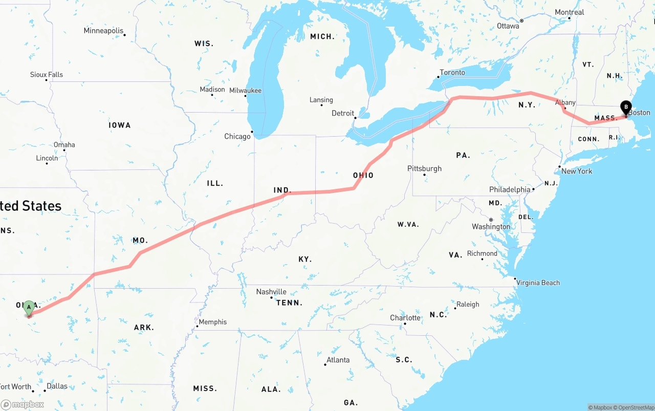 Shipping route from Oklahoma City to Boston