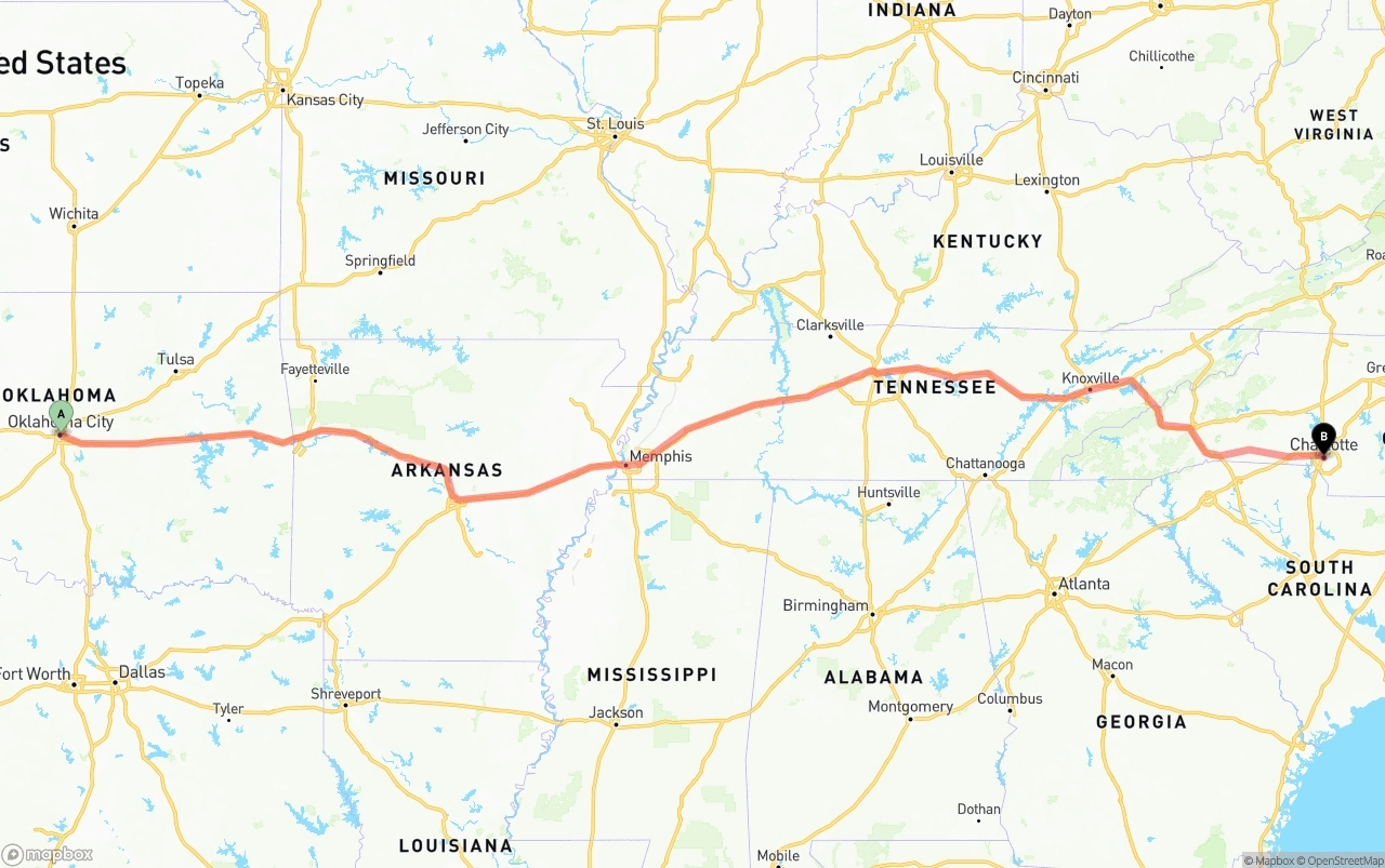 Shipping route from Oklahoma City to Charlotte