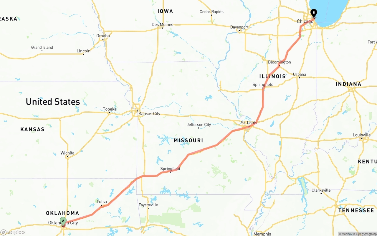 Shipping route from Oklahoma City to Chicago