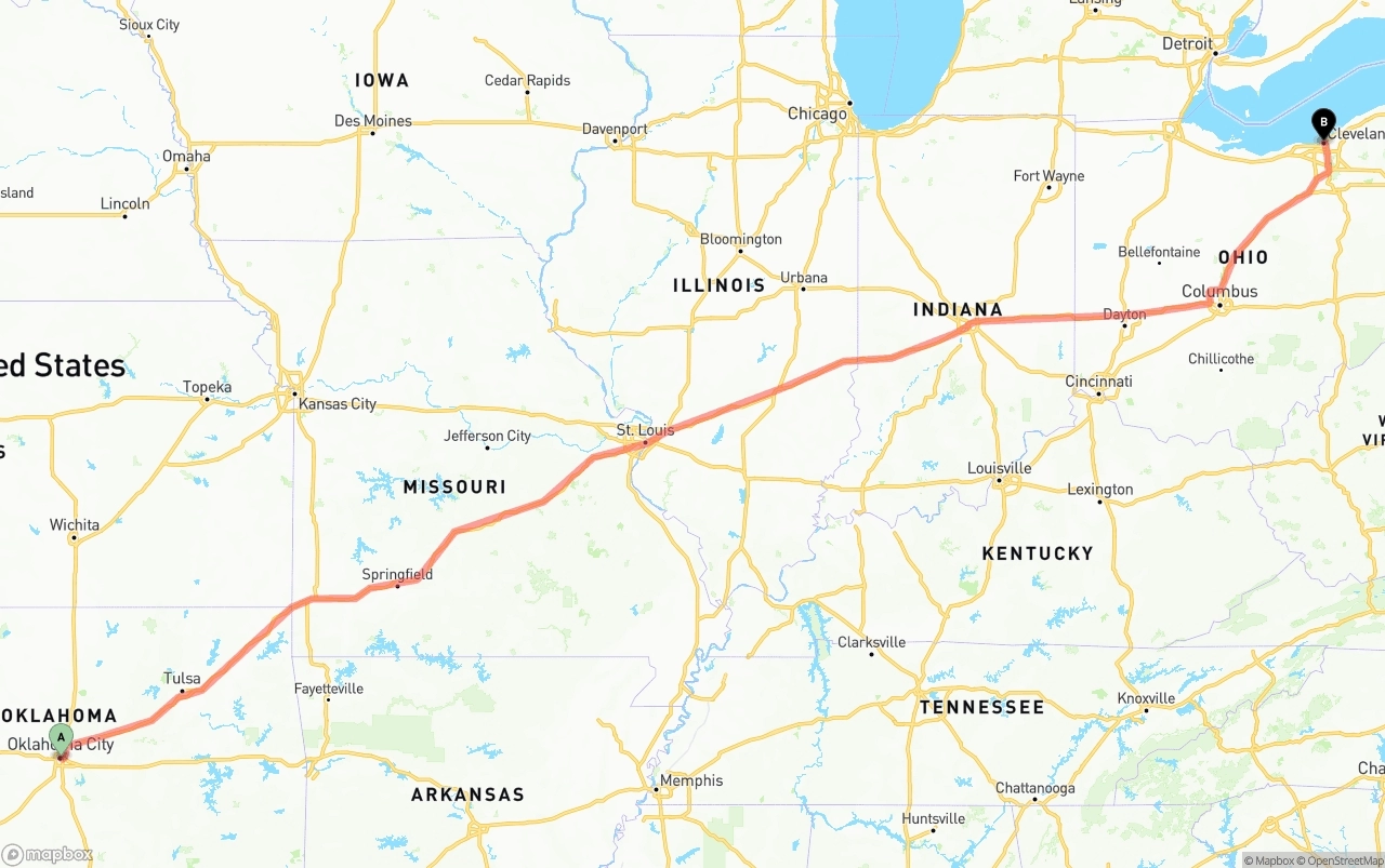 Shipping route from Oklahoma City to Cleveland