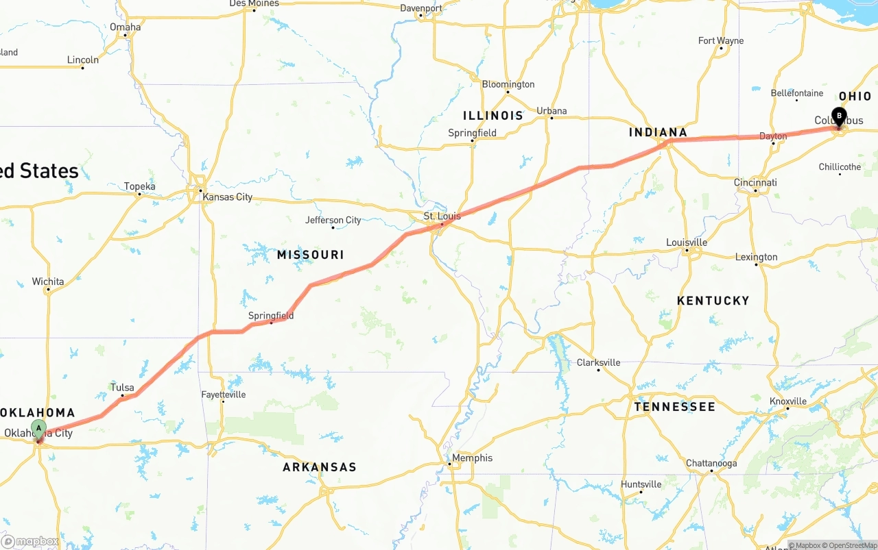 Shipping route from Oklahoma City to Columbus