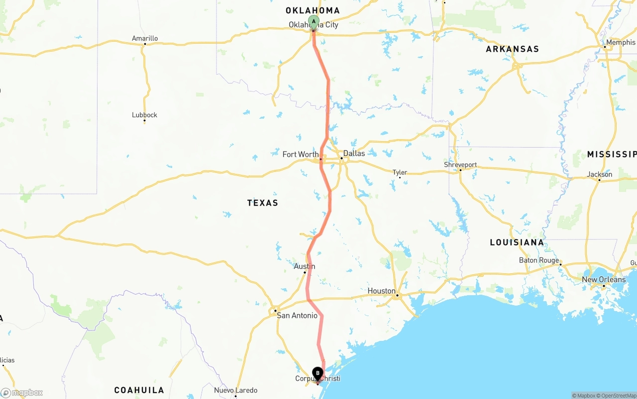 Shipping route from Oklahoma City to Corpus Christi
