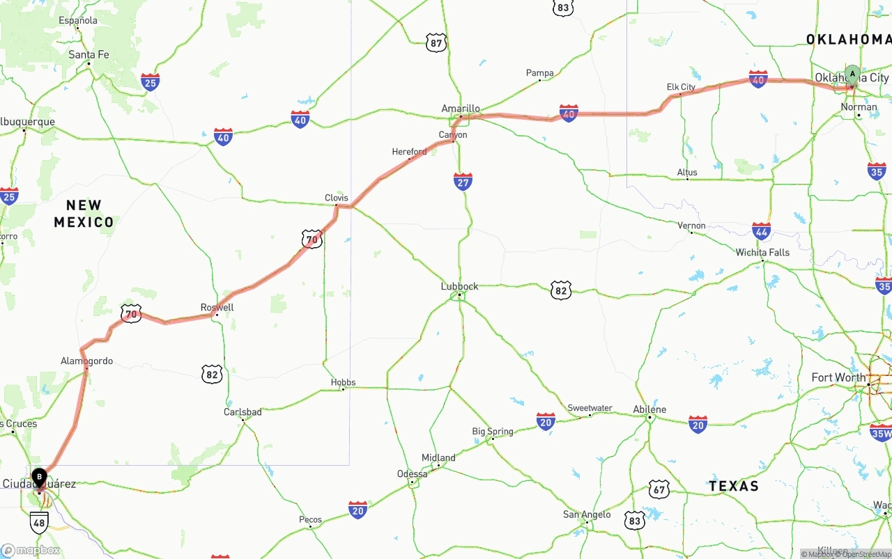 Shipping route from Oklahoma City to El Paso