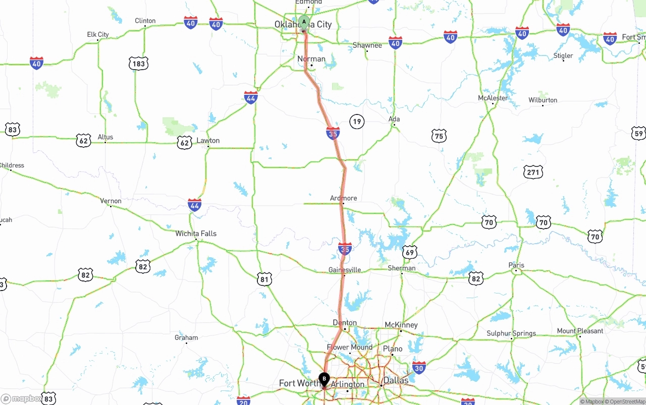 Shipping route from Oklahoma City to Fort Worth