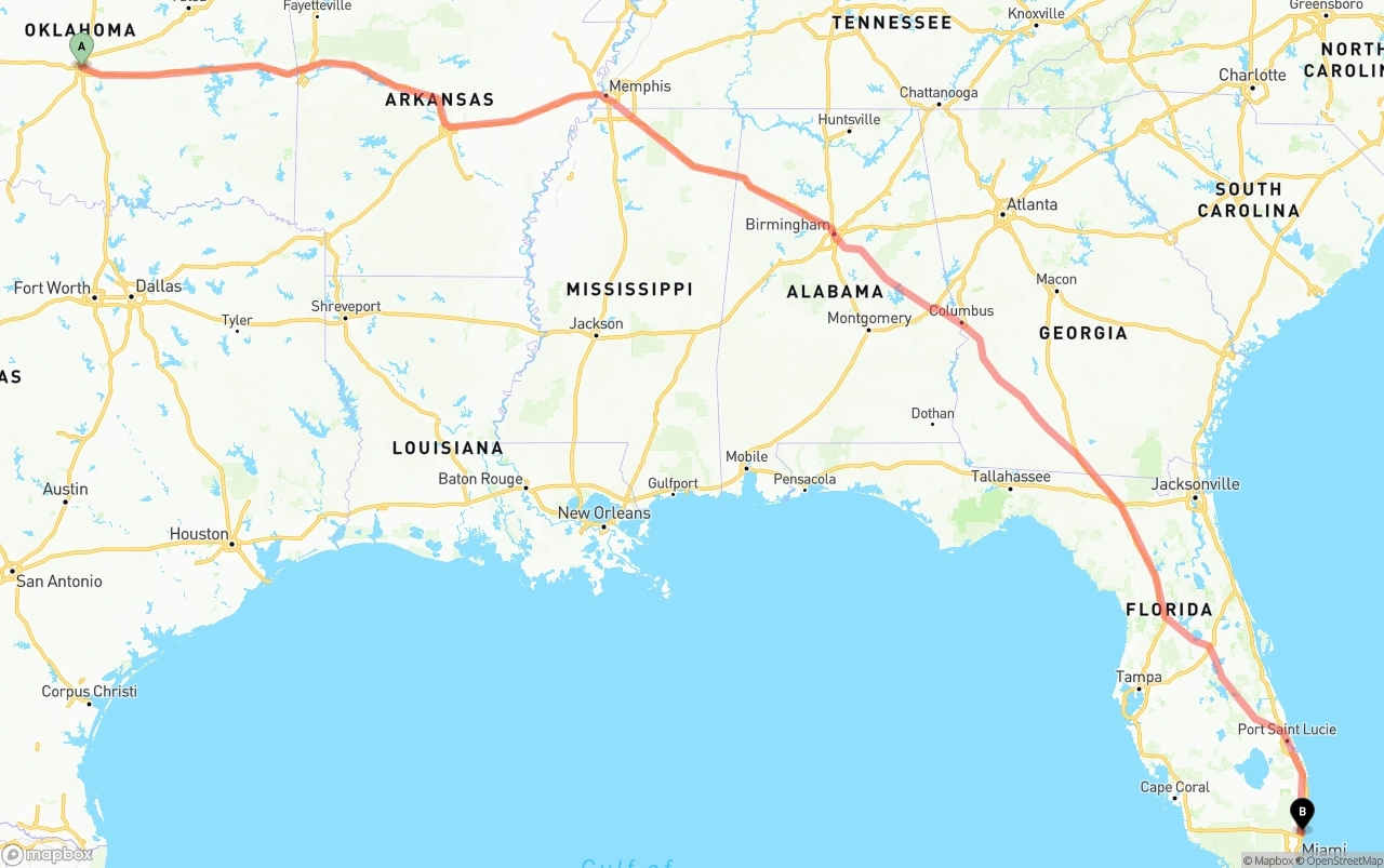 Shipping route from Oklahoma City to Ft. Lauderdale