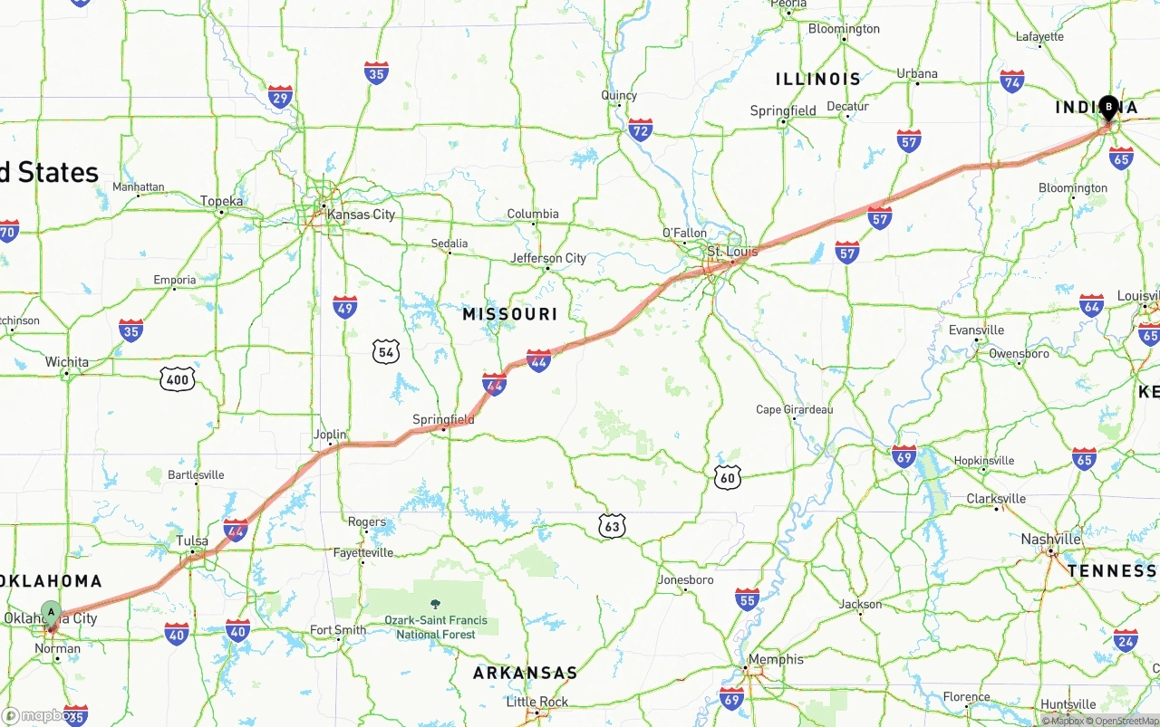 Shipping route from Oklahoma City to Indianapolis