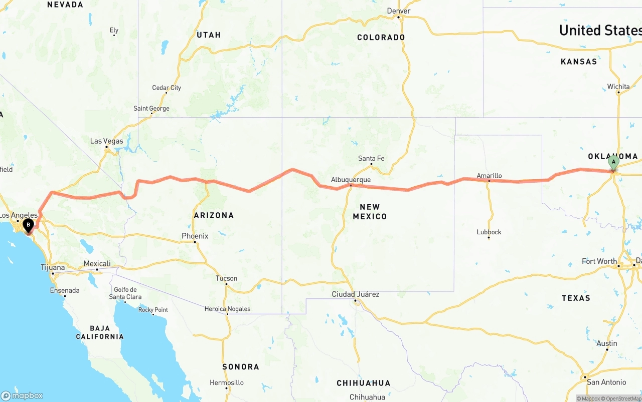 Shipping route from Oklahoma City to John Wayne Airport — Orange County