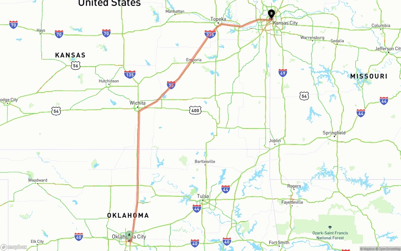 Shipping route from Oklahoma City to Kansas City