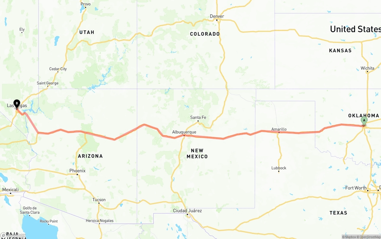Shipping route from Oklahoma City to Las Vegas