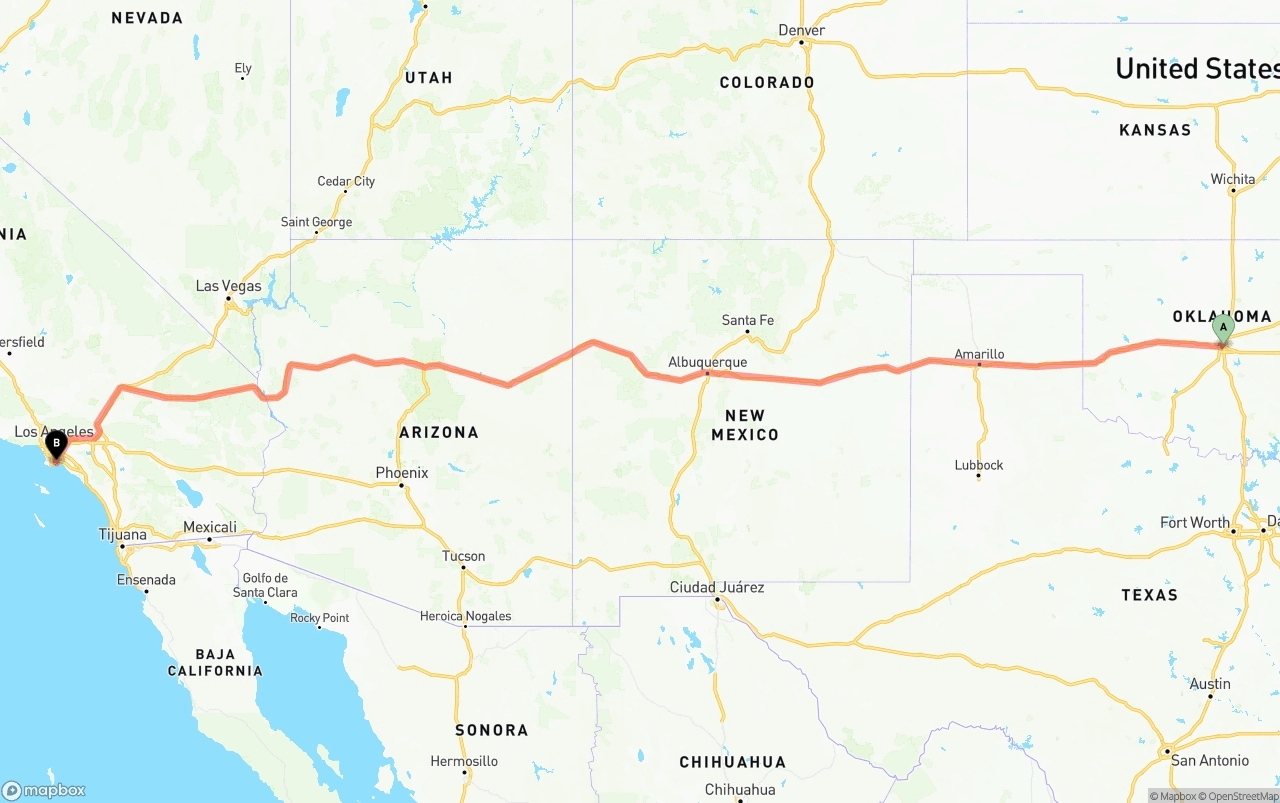 Shipping route from Oklahoma City to Long Beach