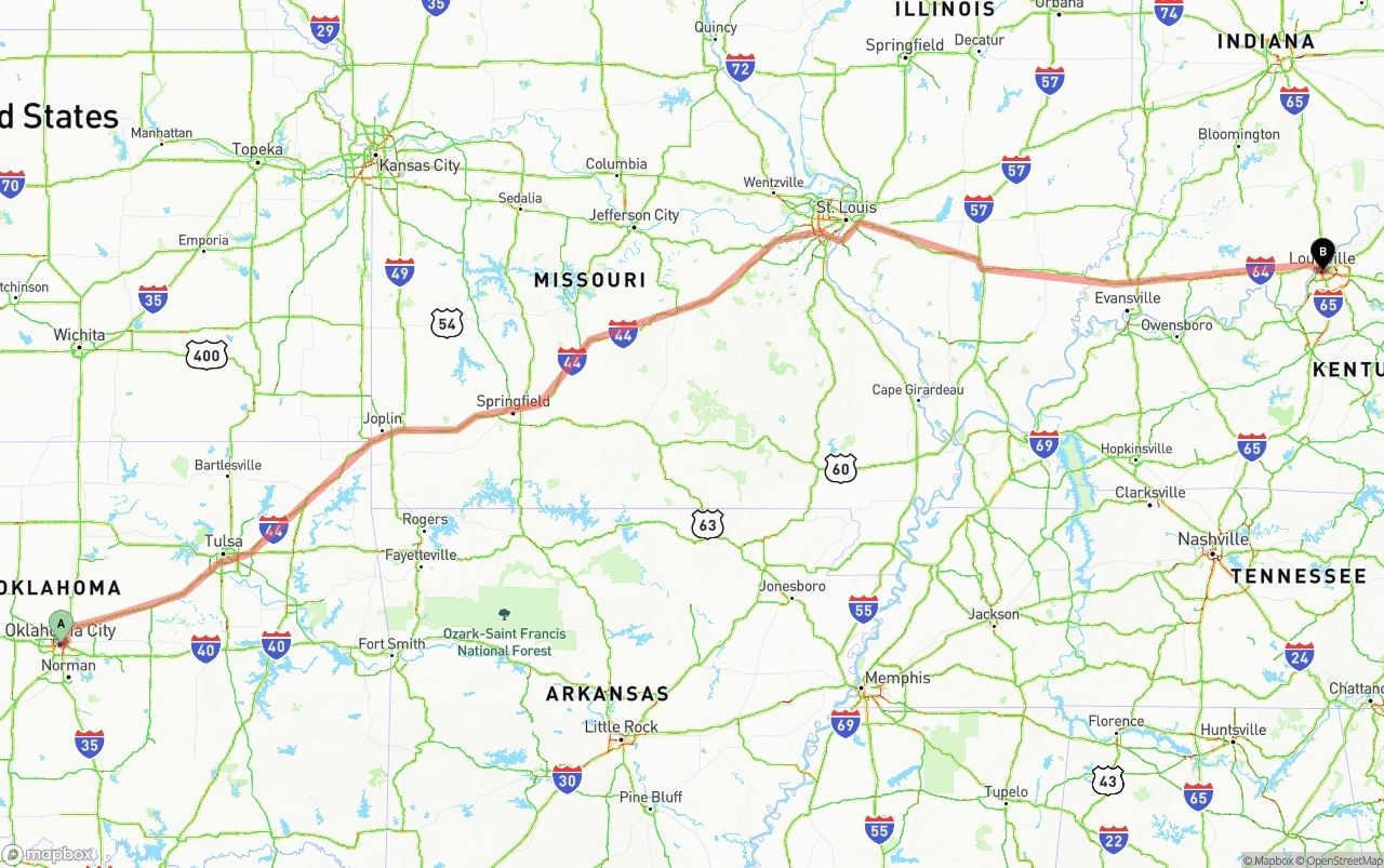 Shipping route from Oklahoma City to Louisville
