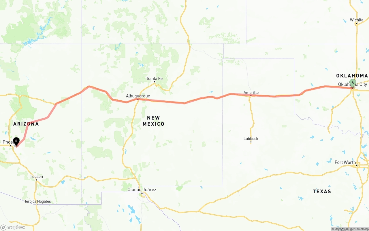 Shipping route from Oklahoma City to Mesa