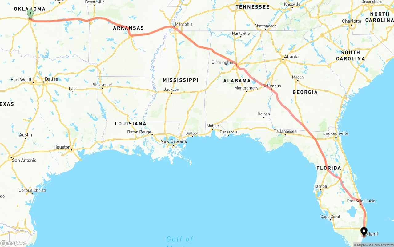 Shipping route from Oklahoma City to Miami