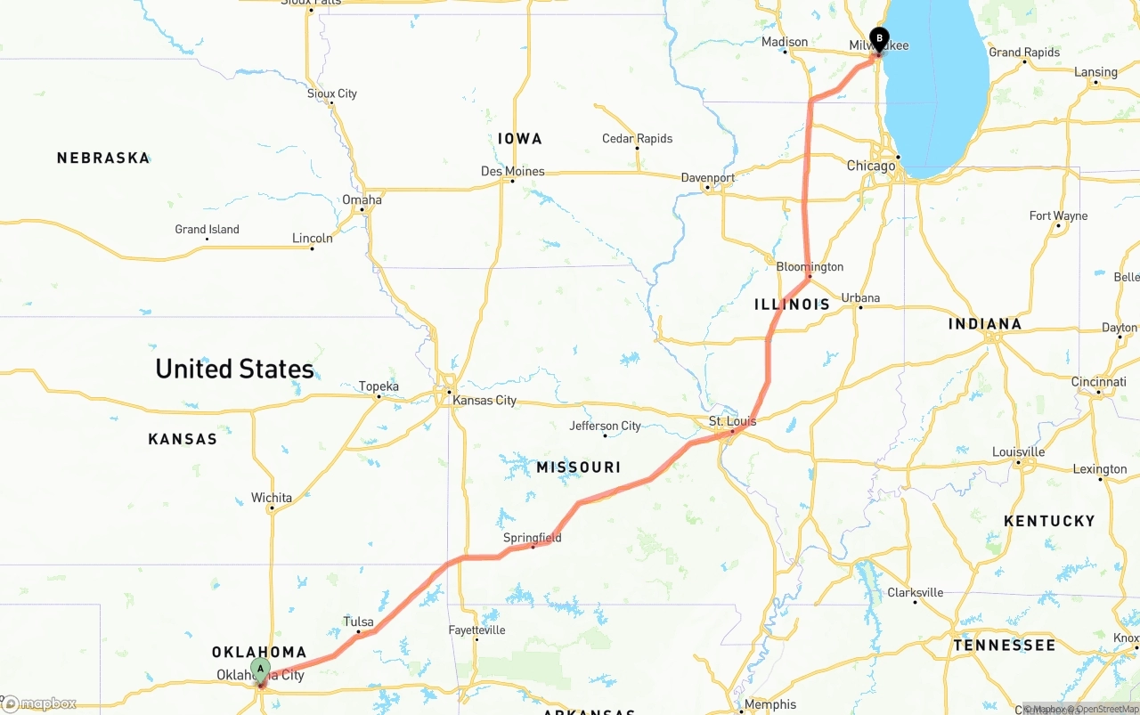 Shipping route from Oklahoma City to Milwaukee
