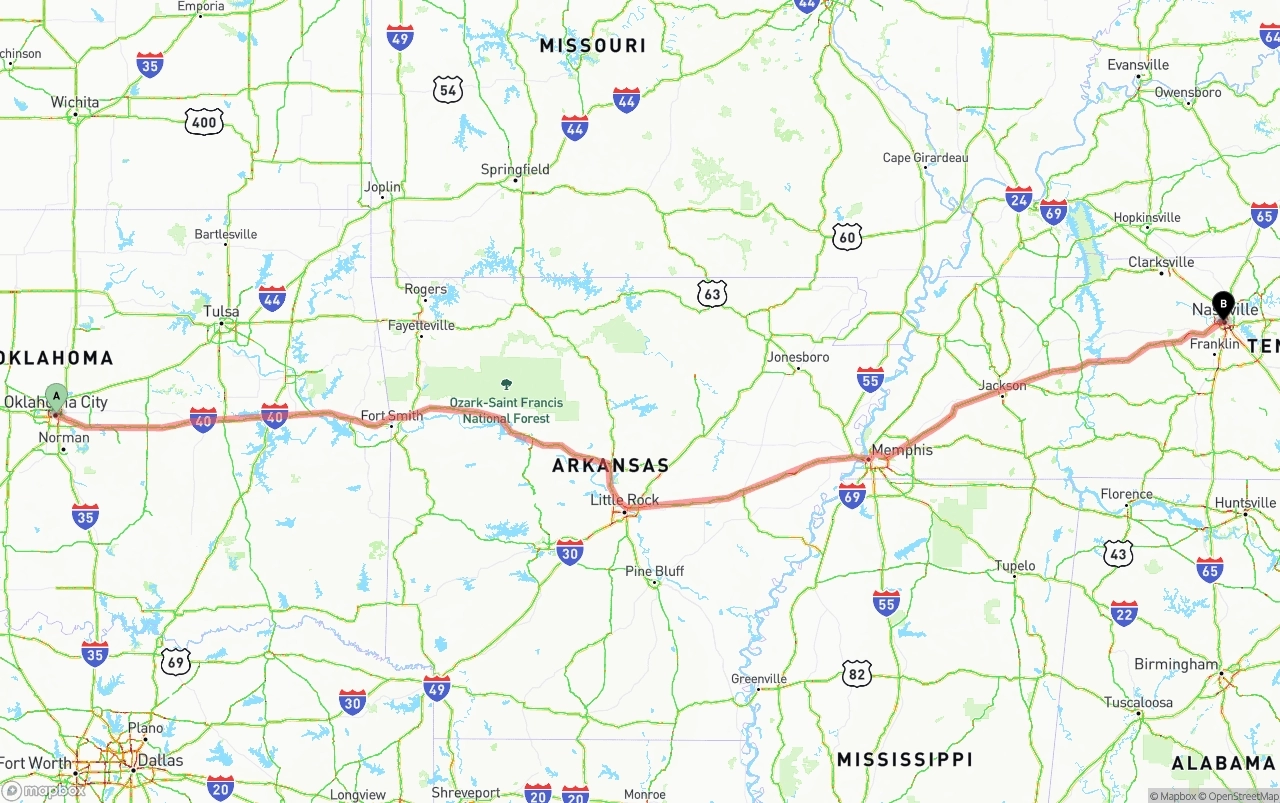 Shipping route from Oklahoma City to Nashville