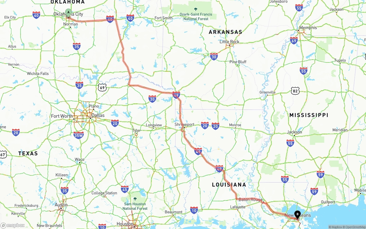 Shipping route from Oklahoma City to New Orleans