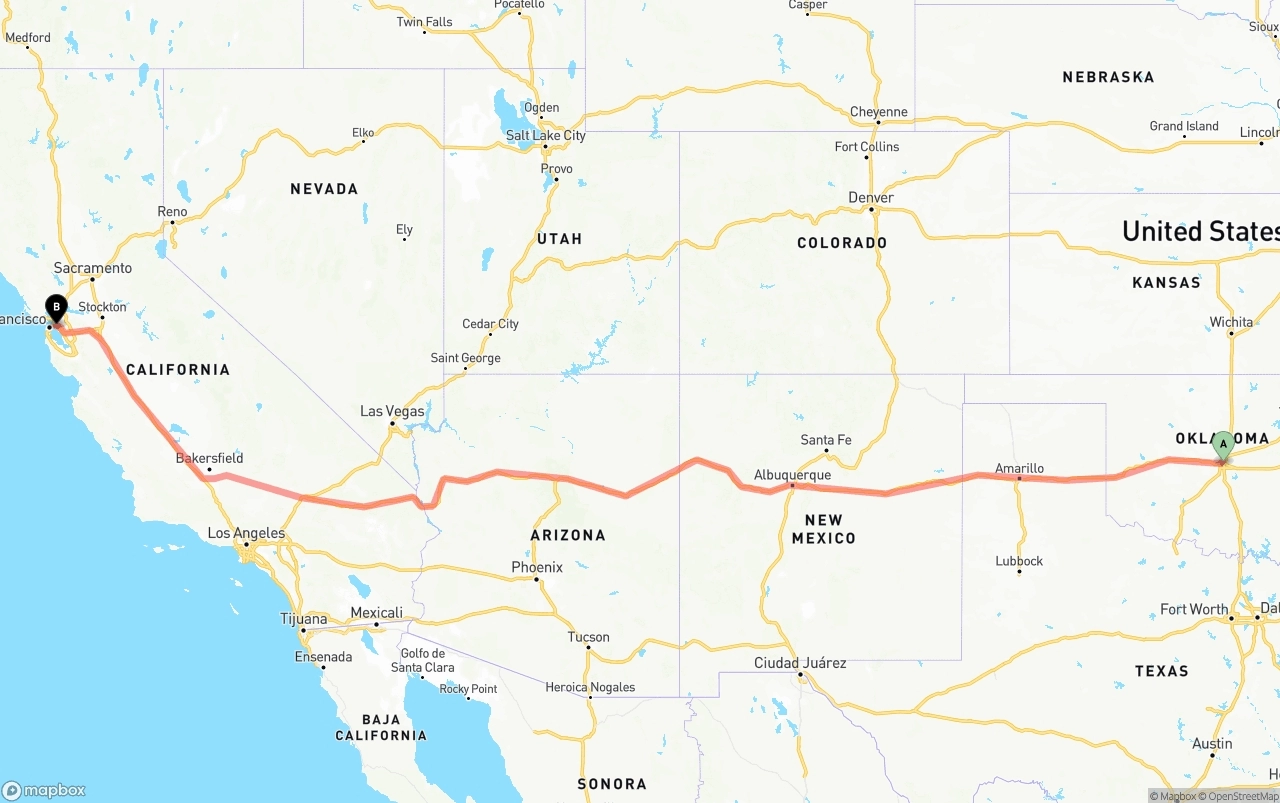 Shipping route from Oklahoma City to Oakland
