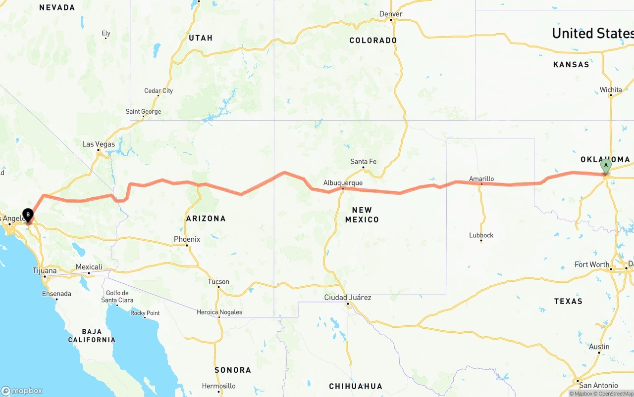 Shipping route from Oklahoma City to Ontario International Airport