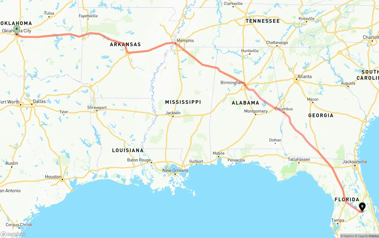 Shipping route from Oklahoma City to Orlando International Airport