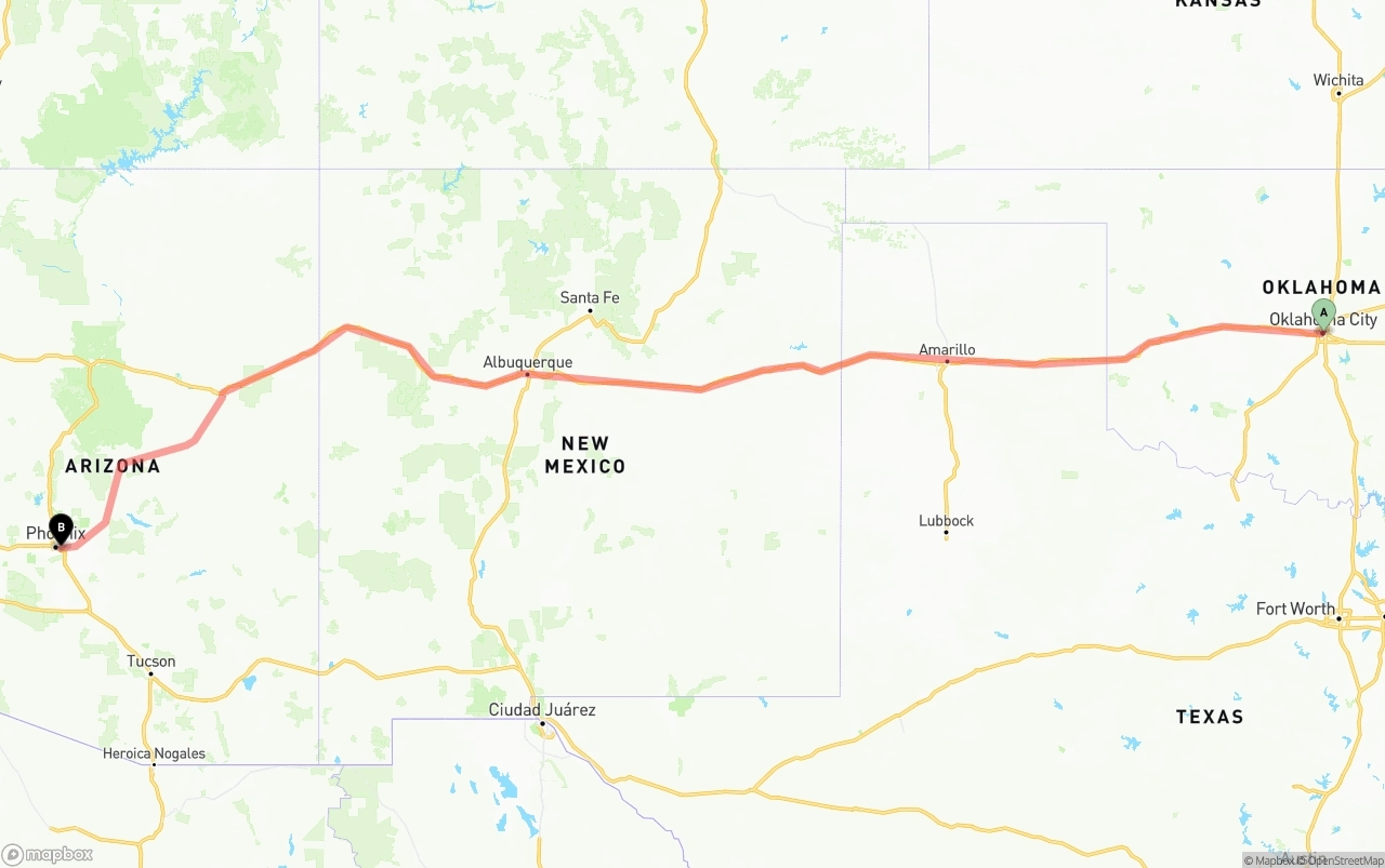 Shipping route from Oklahoma City to Phoenix Sky Harbor International Airport