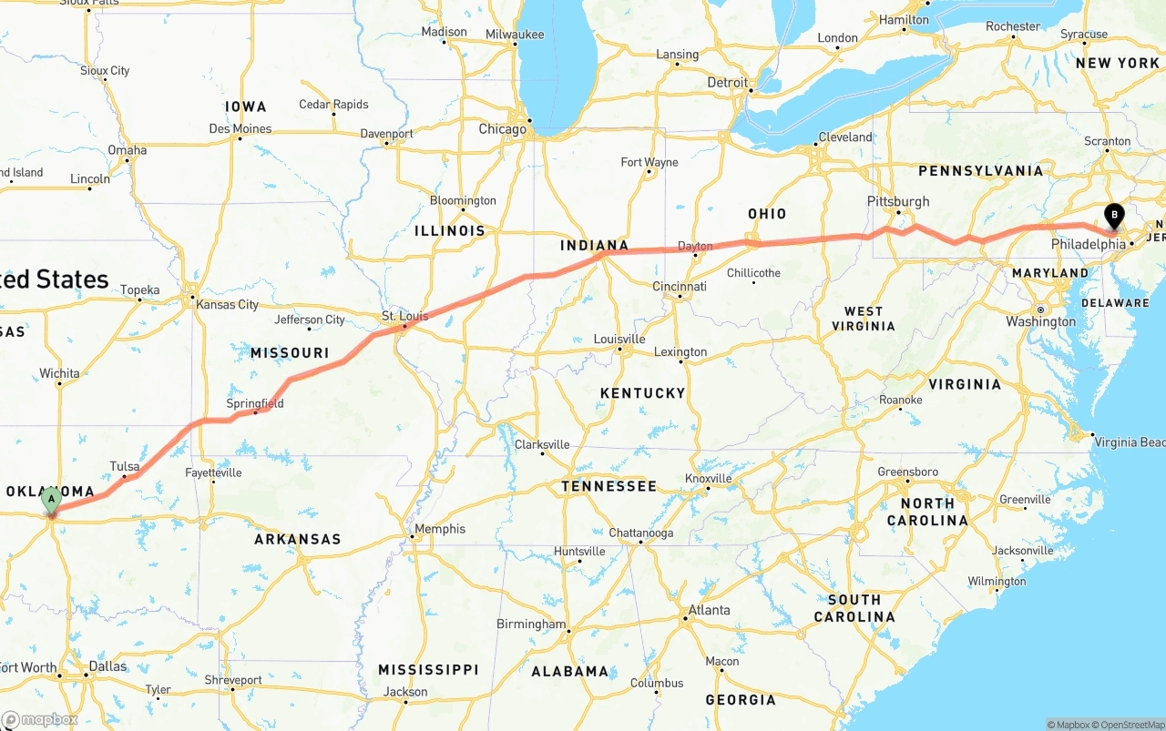 Shipping route from Oklahoma City to Phoenix